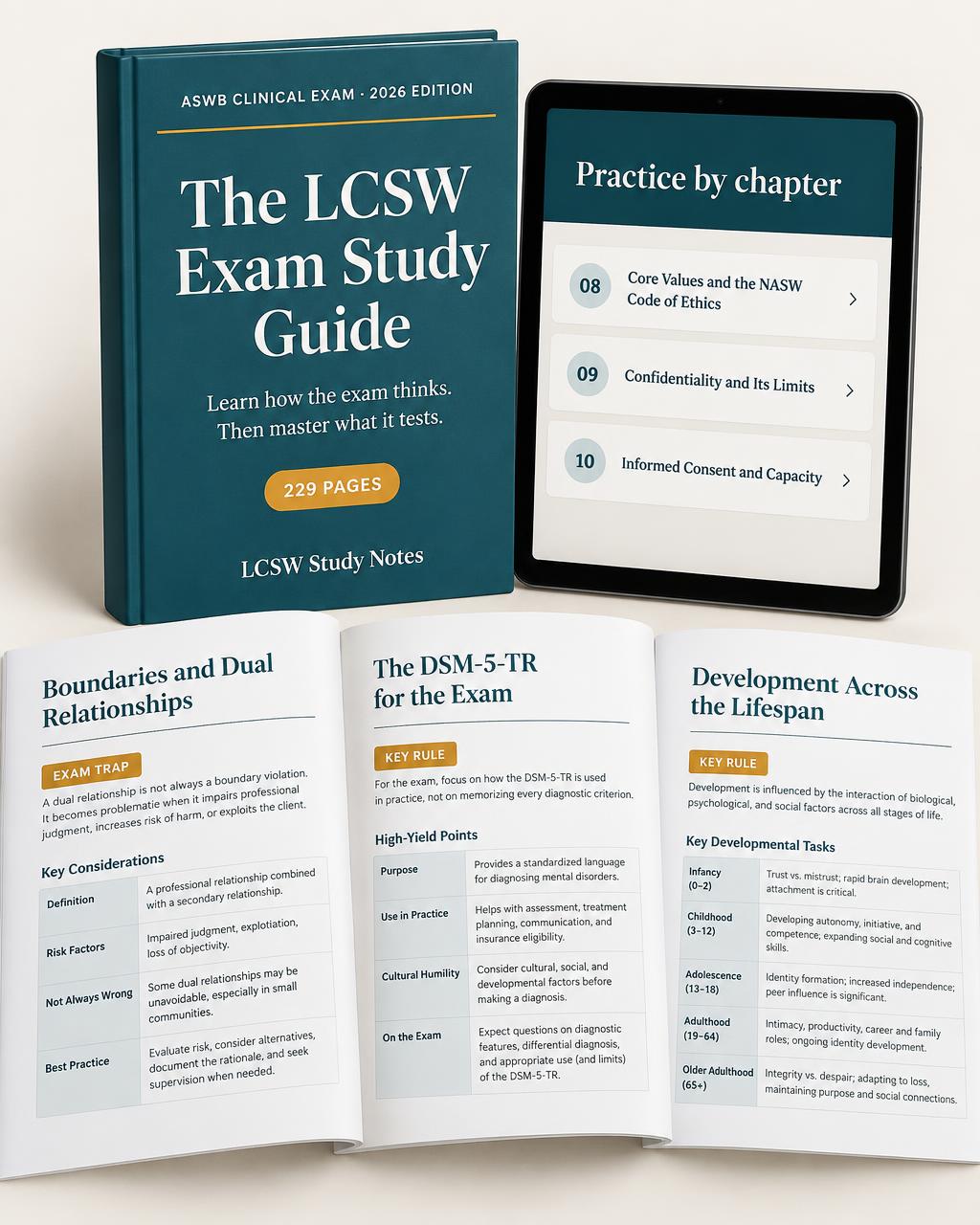 LCSW Study Notes bundle — the study guide, the practice app on a tablet and printed chapters