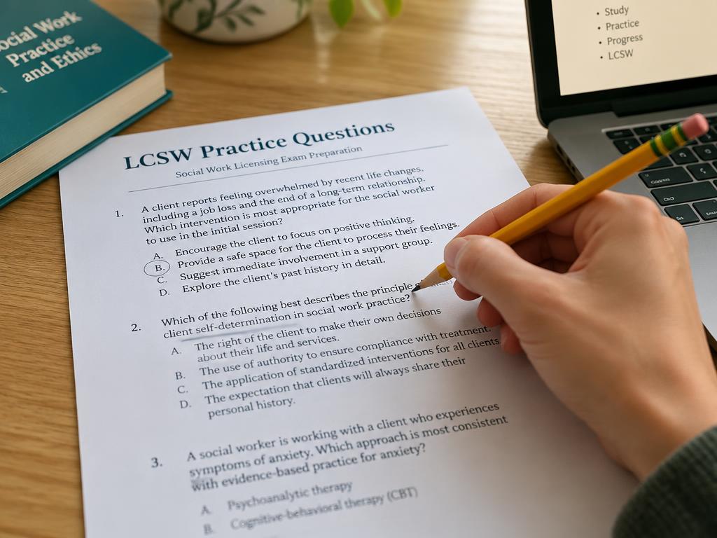 A desk with printed practice questions and a pencil