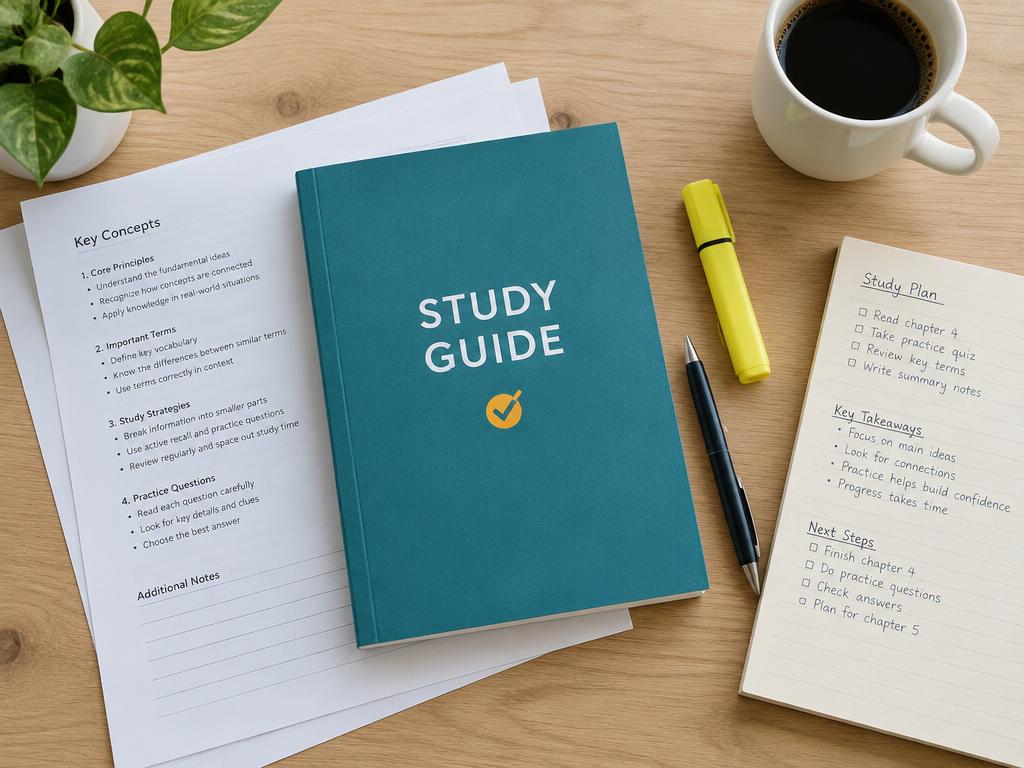 Study guide pages with notes and a highlighter